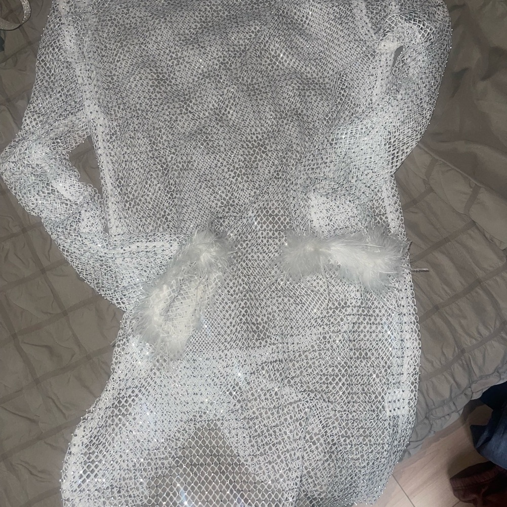 12th Tribe Silver Long Sleeve Dress with Mesh Texture
